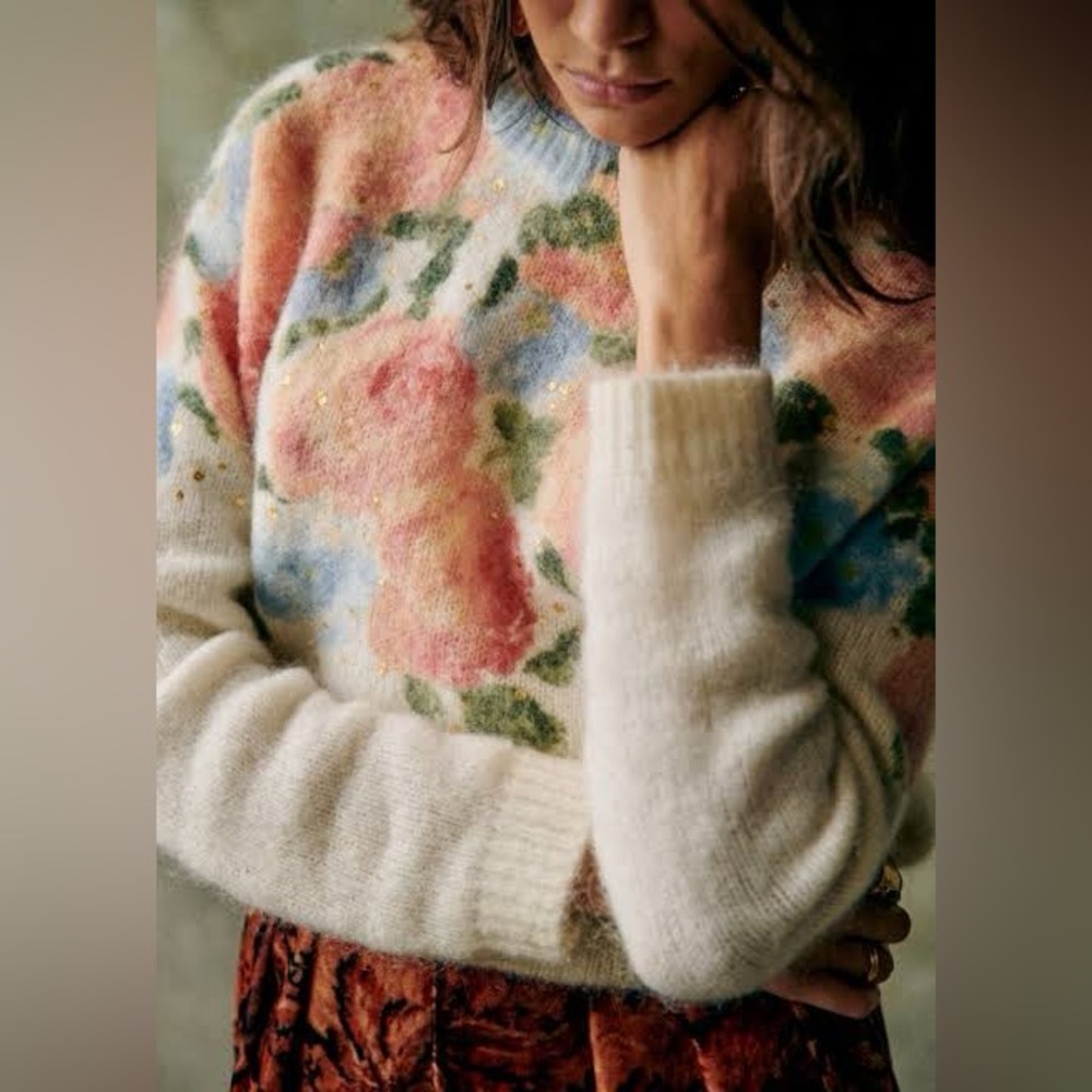 NWT Sezane Mallory Mohair Wool jumper sweater painted flowers ivory gold 1S